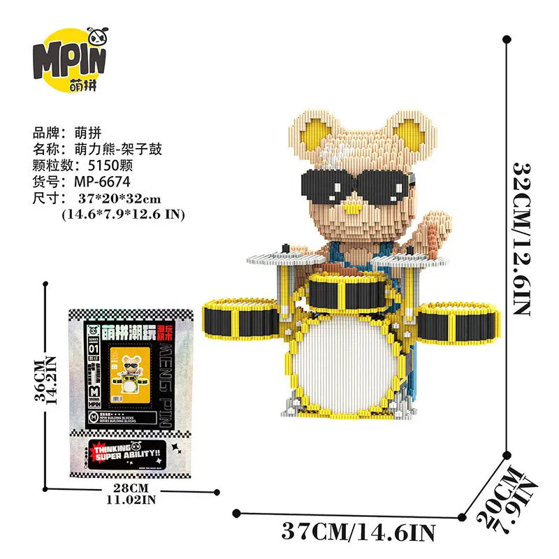 A small bear figure made of wooden building blocks with black sunglasses and a yellow backpack.