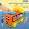 An orange bus toy with a phone and keyboard, showing a hand pressing keys to produce sound effects.