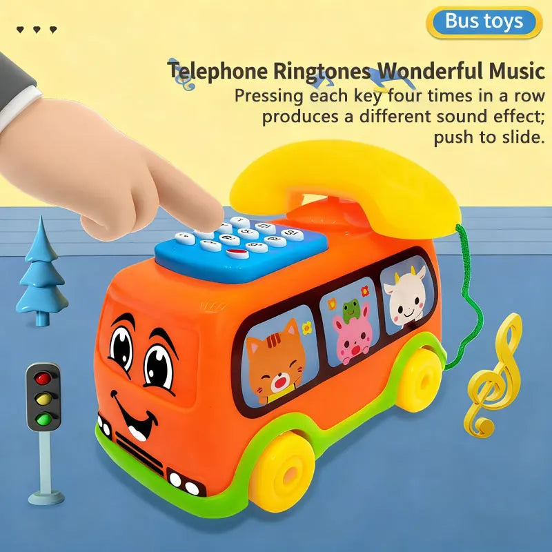 An orange bus toy with a phone and keyboard, showing a hand pressing keys to produce sound effects.