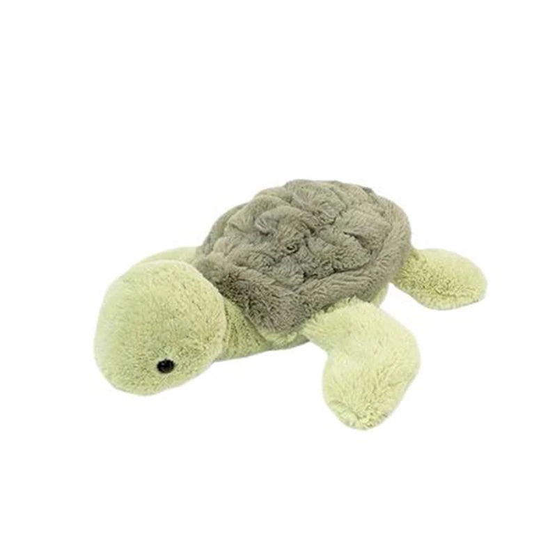 A soft, light green simulated turtle plush doll with a textured gray shell and small features.