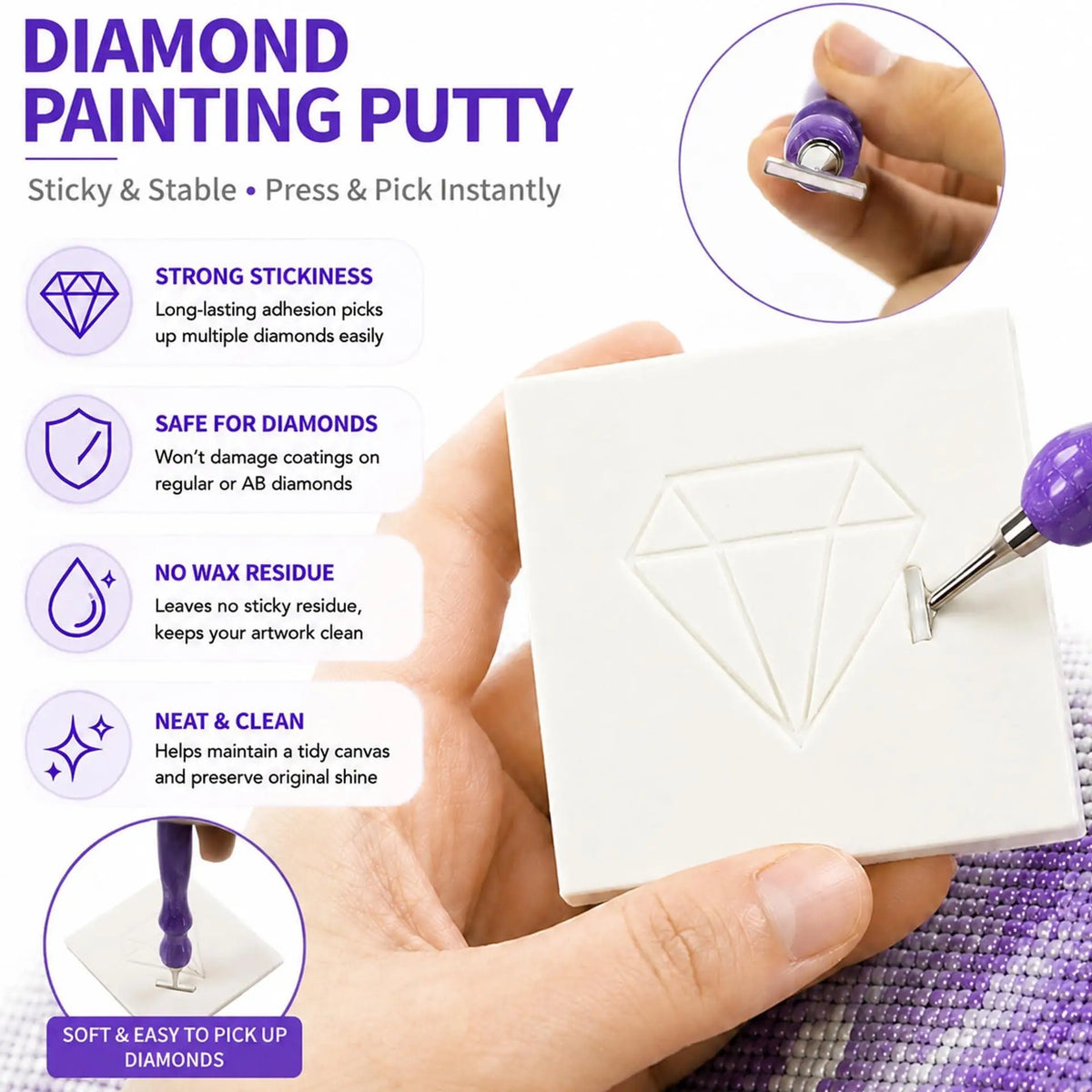 A hand holds a white canvas with a diamond painting design, showing the sticky and stable paint putty tool.
