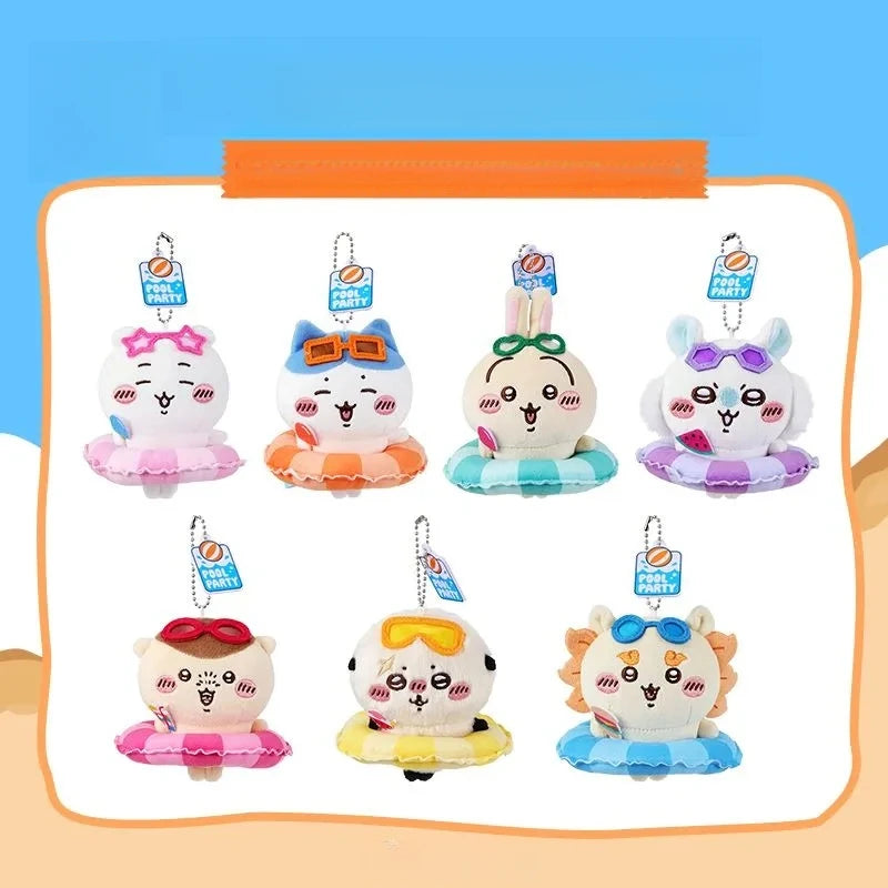 A collection of cute Chiikawa summer swimming ring plush keychains in various colors and designs.