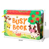 A colorful busy book featuring farm animals and text on a rectangular board.