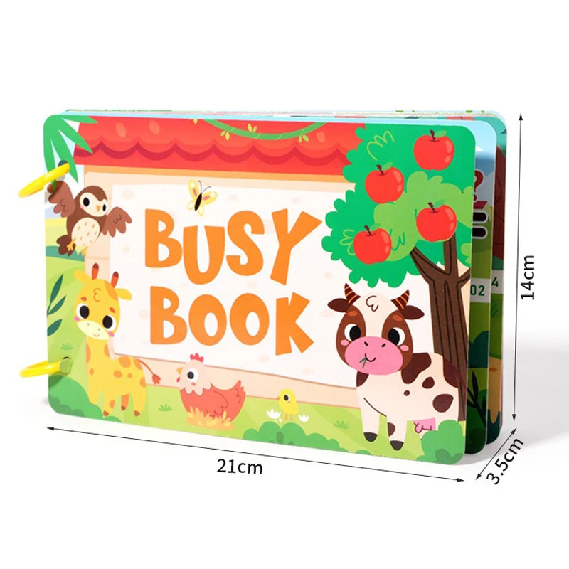 A colorful busy book featuring farm animals and text on a rectangular board.