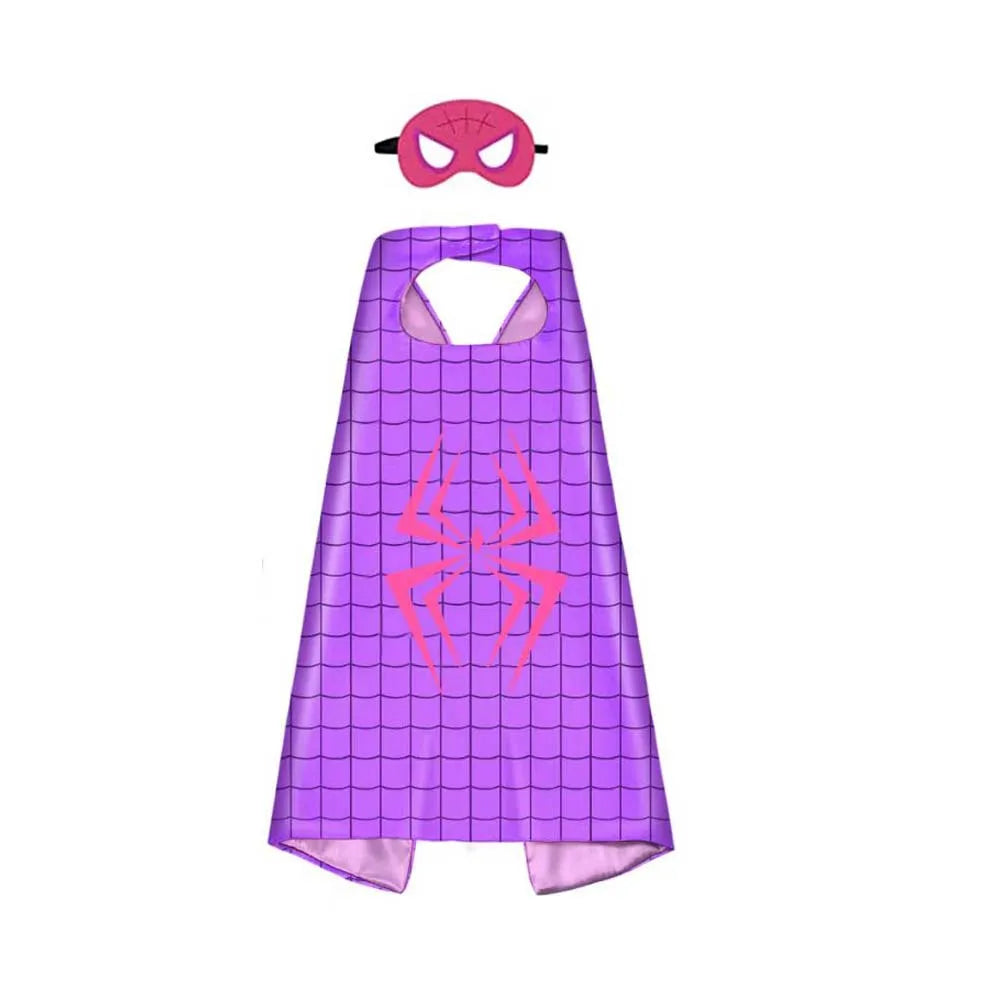 A purple checkered superhero cape and mask set for kids dress-up fun