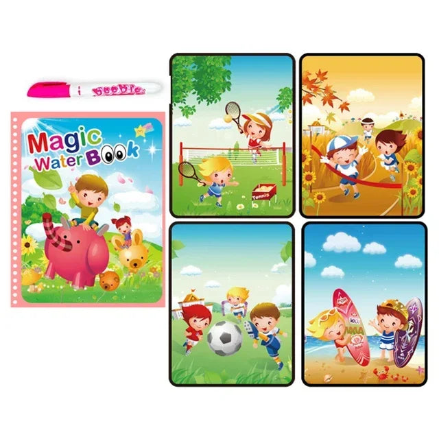 A set of five colorful pages from a Magic Water Book for toddlers featuring various drawing and activity scenes.