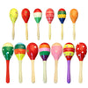 A collection of colorful wooden sand hammers or percussion instruments for kids.