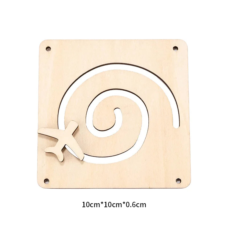 A light wood Montessori busy board featuring a white spiral cutout and an attached wooden shape for sensory learning.