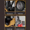 Close-up views of a 1:64 scale remote control excavator showing the simulated cab, rubber tyre, smooth edge, and multiple acc