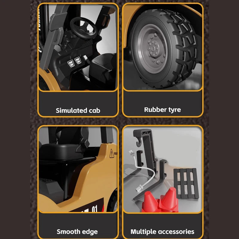 Close-up views of a 1:64 scale remote control excavator showing the simulated cab, rubber tyre, smooth edge, and multiple acc