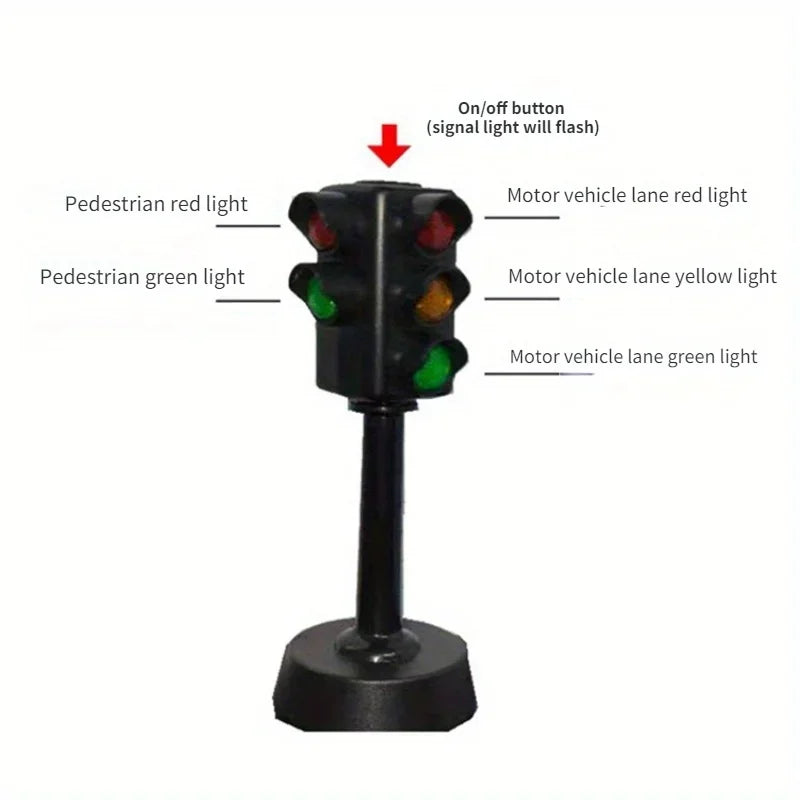 A black mini traffic light puzzle with red, green, and yellow lights and an on/off button.