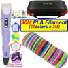 A purple 3D printing pen with an LCD display and a roll of 90M PLA filament in various colors.
