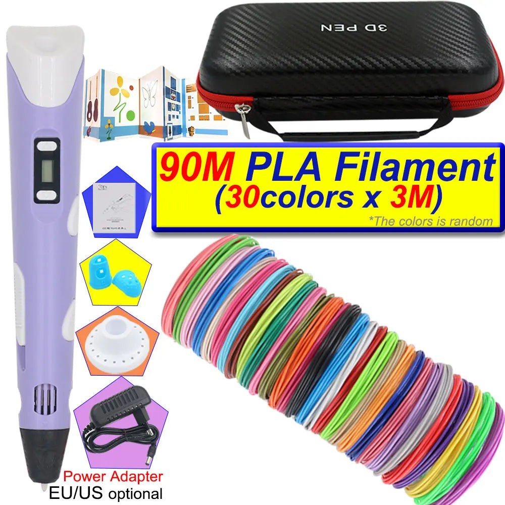 A purple 3D printing pen with an LCD display and a roll of 90M PLA filament in various colors.