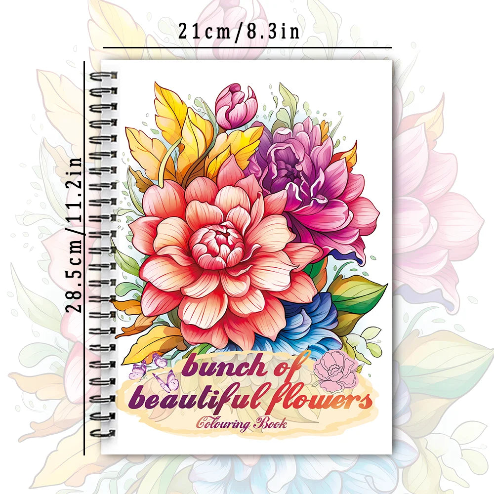 A colouring book featuring a detailed illustration of a bunch of colorful, vibrant flowers.