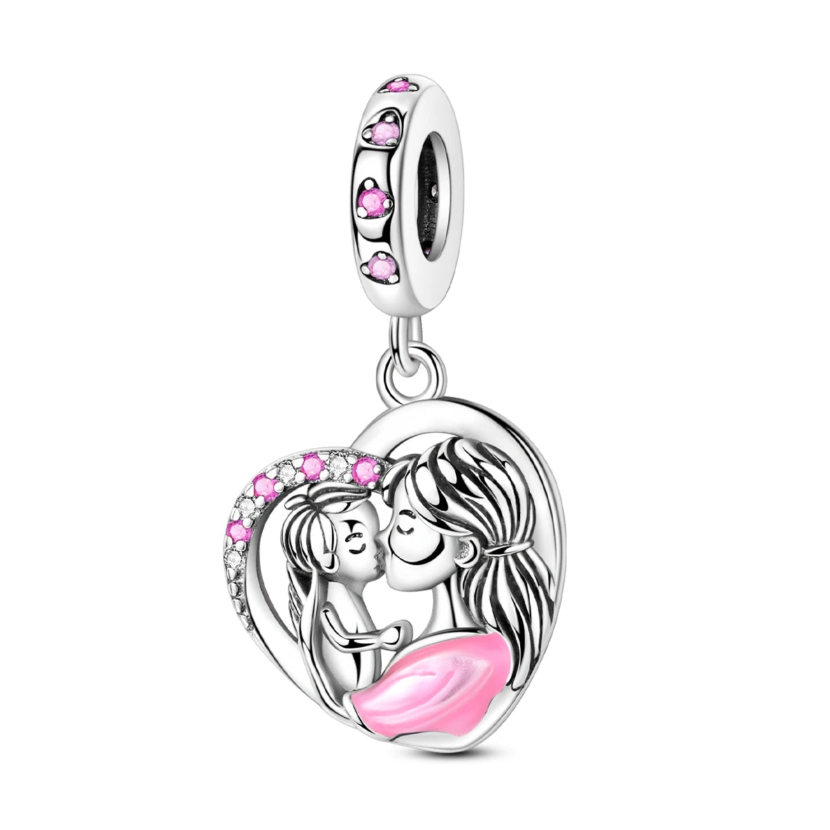 Silver-Plated Heart Charm Bead with Cubic Zirconia for Bracelets and DIY Jewelry