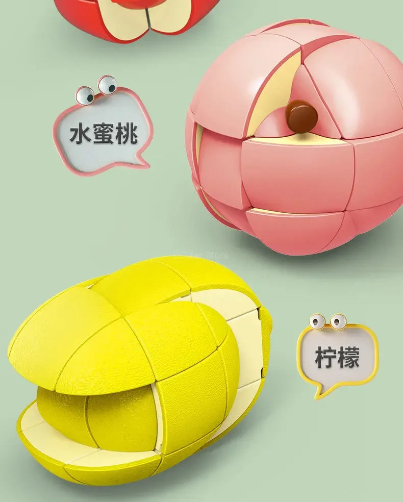 A pink fruit-shaped 3x3 puzzle cube for kids shown next to a yellow tennis ball and speech bubbles.