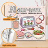A coloring book titled Self Love Girl Therapy Coloring Book featuring various cute animal and floral designs on a pink backgr