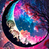 A vibrant diamond painting depicting a moonlit tree landscape with pink and blue cosmic colors.