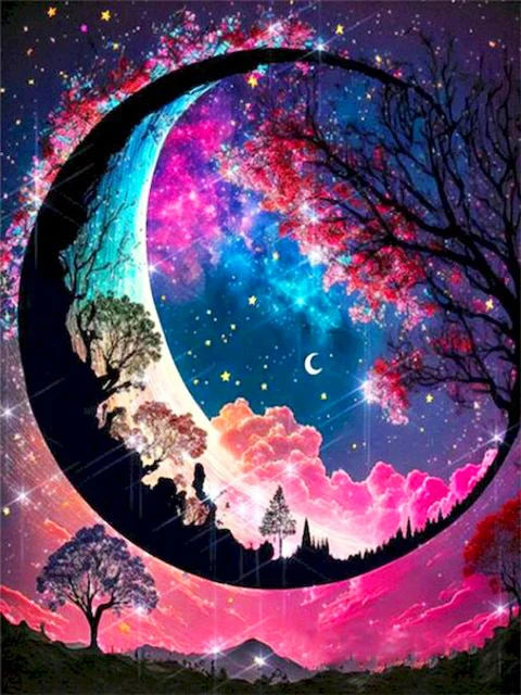 A vibrant diamond painting depicting a moonlit tree landscape with pink and blue cosmic colors.