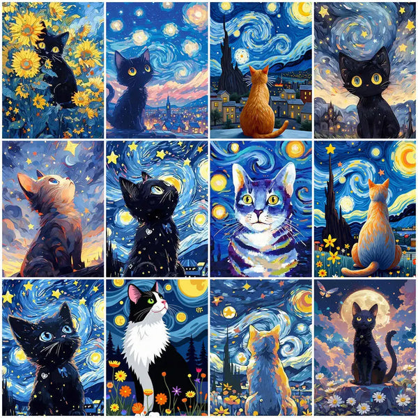Doce pinturas de gatos en varias poses bajo un cielo estrellado.