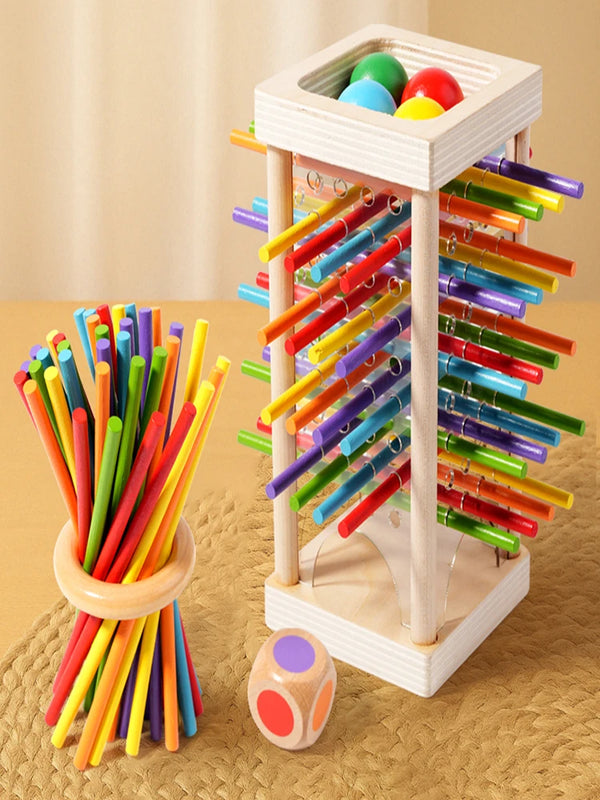 A wooden counting stick organizer with colorful sticks stored in a vertical rack and a separate bundle.