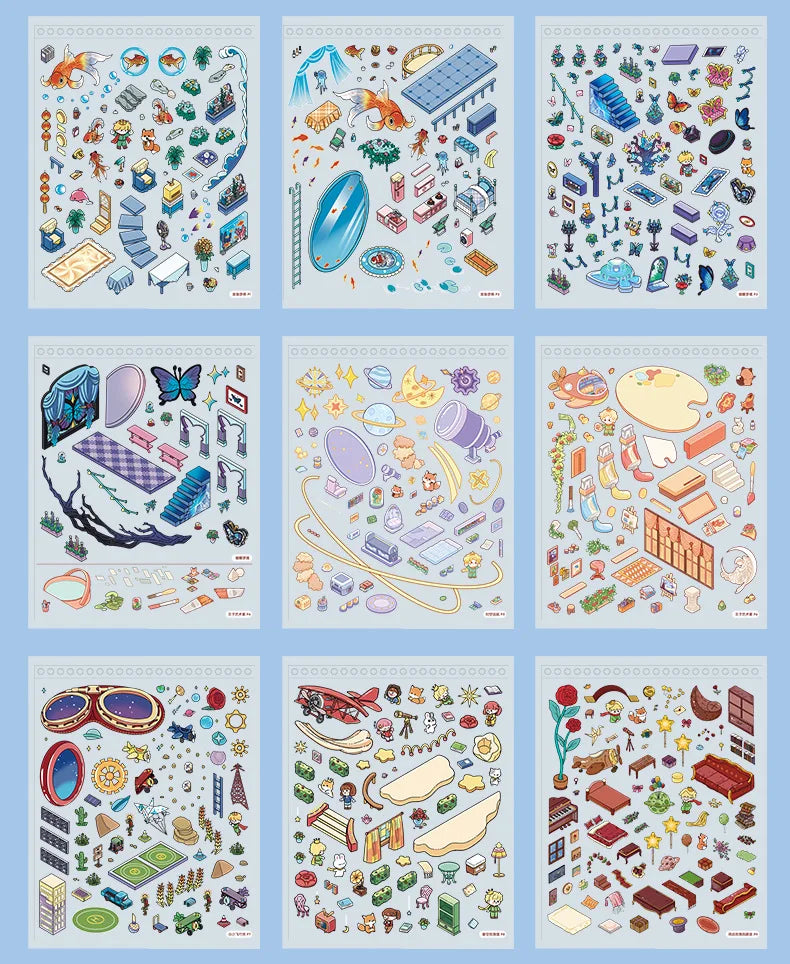 A collection of colorful 3D cartoon scene stickers featuring various animals, objects, and nature elements for scrapbooking.
