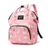 Pink cartoon print waterproof diaper bag with a black strap and yellow trim