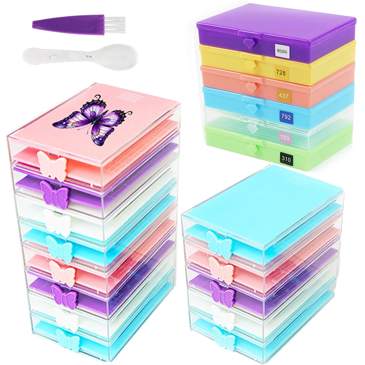 A set of clear acrylic diamond painting storage organizers and colored plastic boxes with trays.