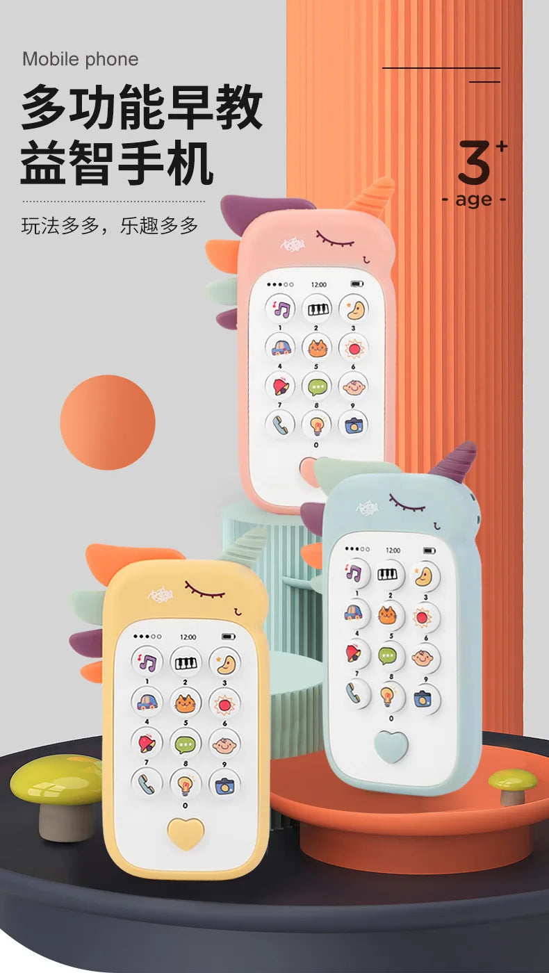 A set of three colorful baby phones or mobile phones with buttons and musical icons displayed on a dark surface.
