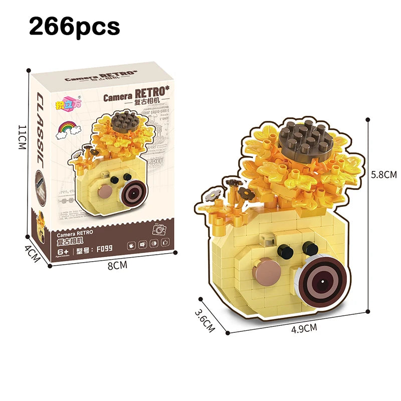 Retro Camera Building Blocks Set with Flower Bonsai Design