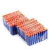 A rectangular array of soft foam dart refills in orange and blue are displayed on a white background.