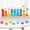 A wooden ring toss game featuring colorful stacking rings and wooden pegs for kids.