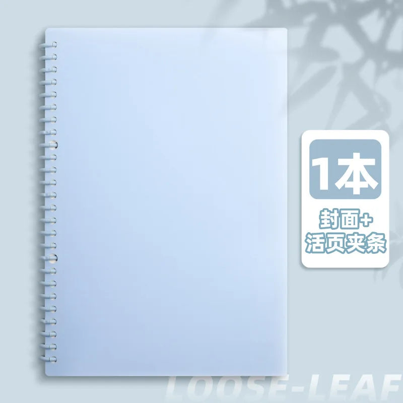 A light blue spiral notebook with a gray cover and a label indicating one book plus bonus sheets and history.