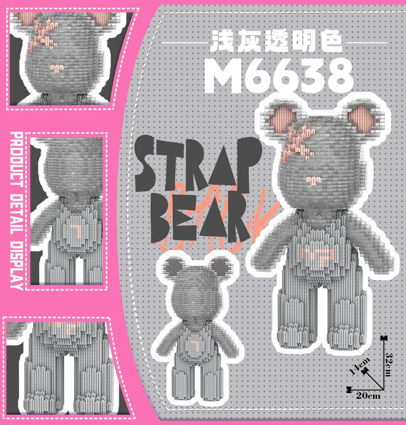 A gray striped bear figure made of building blocks, displayed with detail shots and scale.