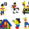 A collection of LEGO-style building blocks featuring a dinosaur and a pirate figure.