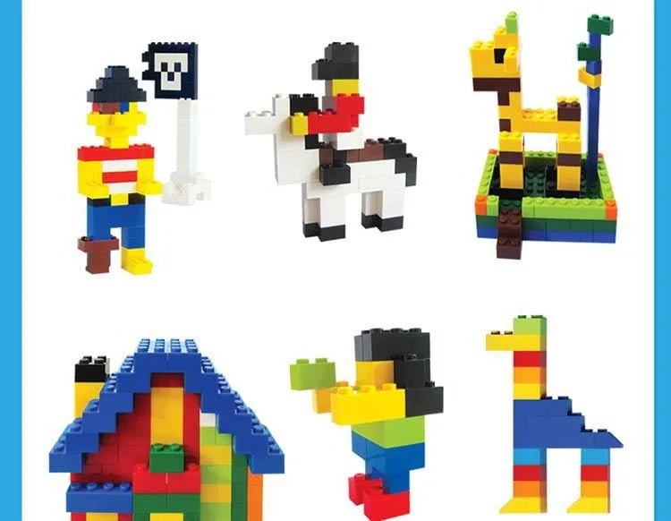 A collection of LEGO-style building blocks featuring a dinosaur and a pirate figure.