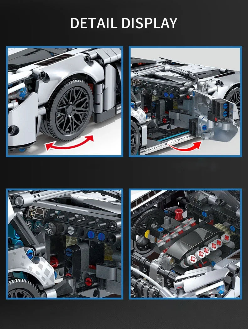 Detail display of a 1:14 scale sports car model kit showing the interior and exterior components.