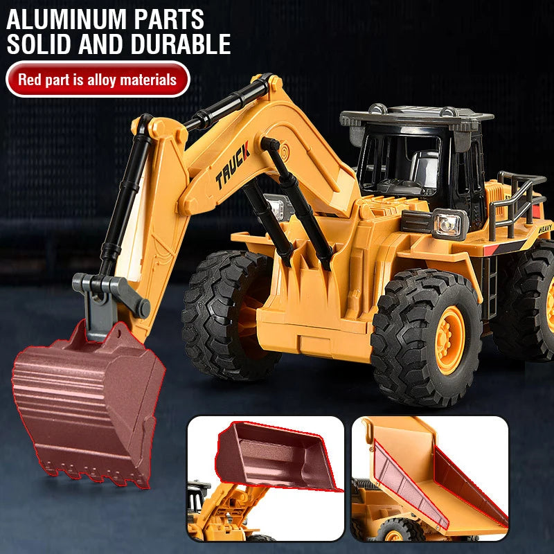 A yellow aluminum parts excavator toy vehicle with a red part, showing close-ups of the attachment and the vehicle.