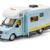A light blue diecast camping RV model with sound and light effects.
