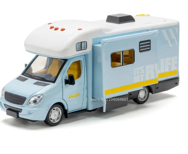A light blue diecast camping RV model with sound and light effects.