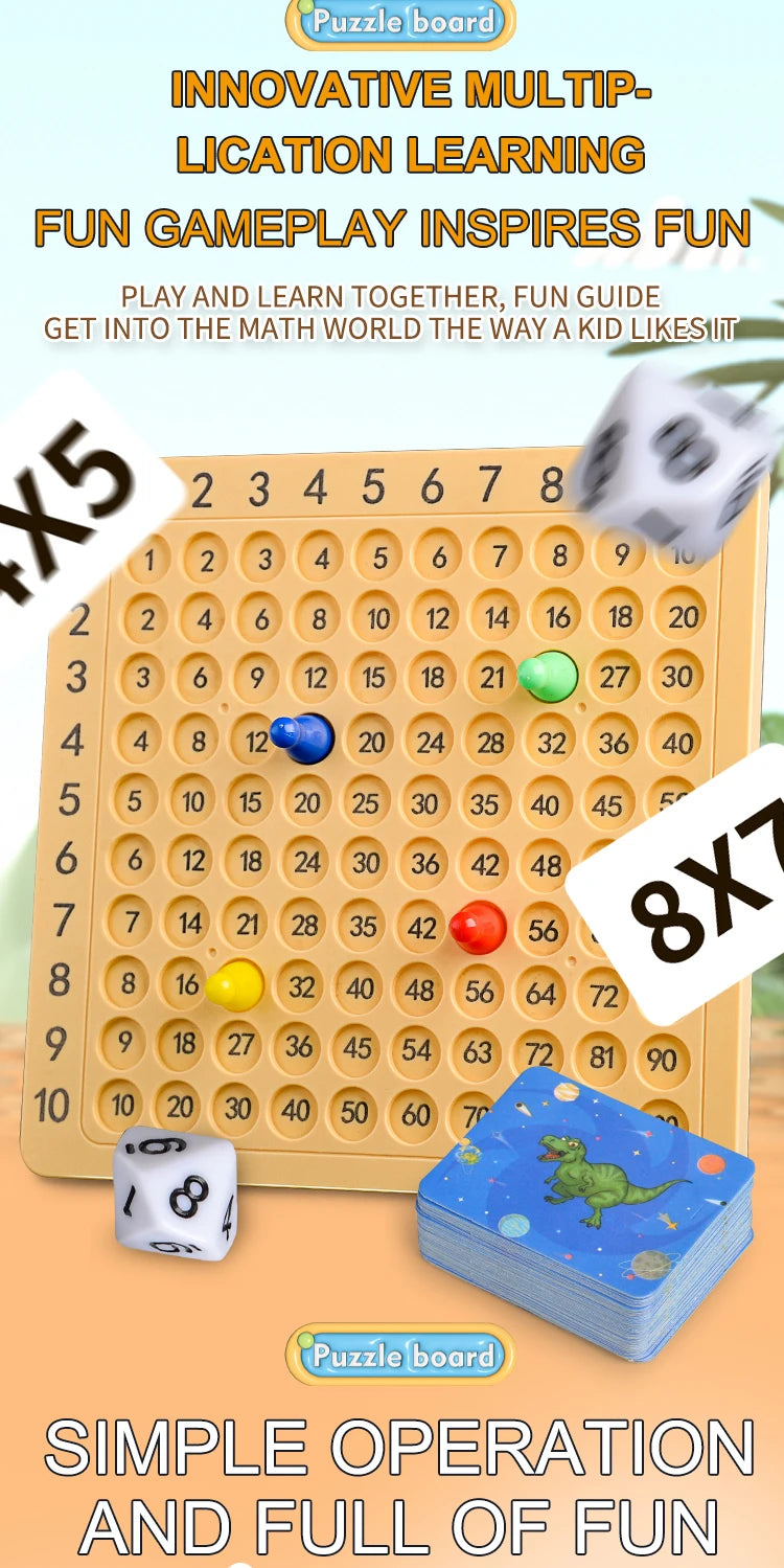 A puzzle board game featuring dice and tiles designed for innovative multiplication learning.