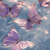 A watercolor painting of three purple and pink butterflies flying over blue water.