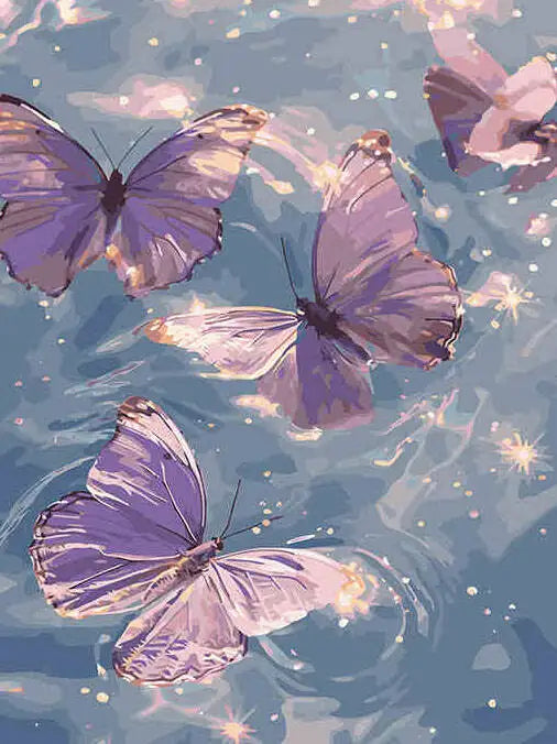 A watercolor painting of three purple and pink butterflies flying over blue water.