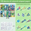 A set of 12 sheets of colored origami paper and instructions for making 12 types of paper airplanes.