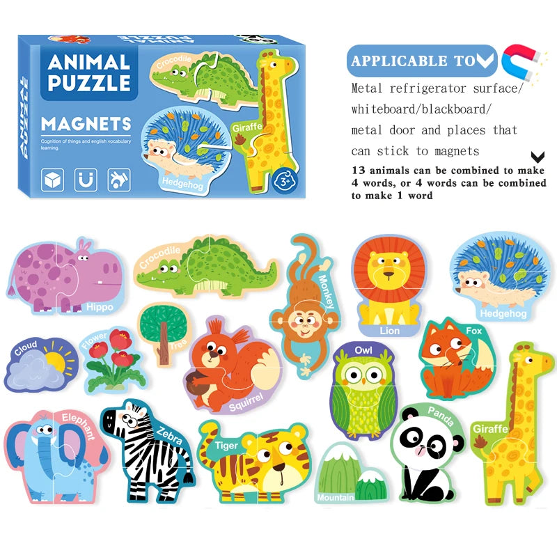 A set of animal magnets and puzzles featuring various animals like giraffe, hippo, zebra, and lion for children's learning.