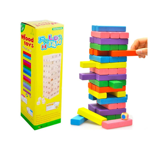 A stack of colorful wooden domino blocks in various colors, including yellow, green, blue, and pink.