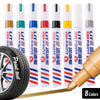 A set of eight colored permanent paint markers for various surfaces, including rubber, fabric, and metal.