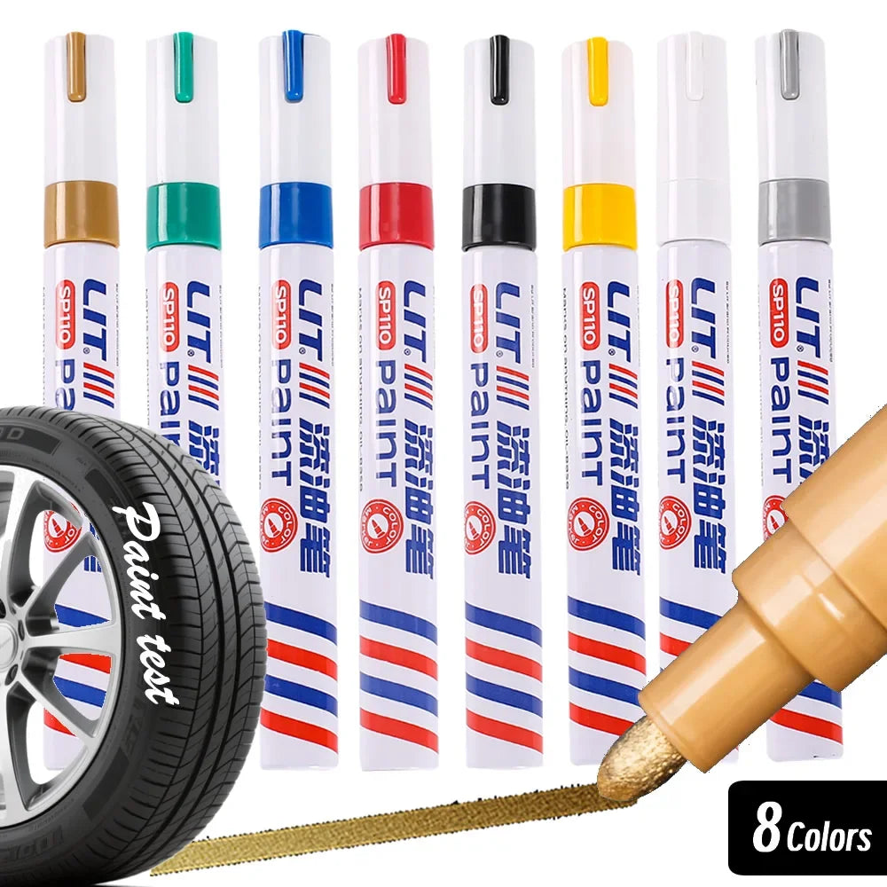 A set of eight colored permanent paint markers for various surfaces, including rubber, fabric, and metal.