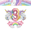 Pink and purple unicorn balloon number three with rainbow accents and a pink star decoration