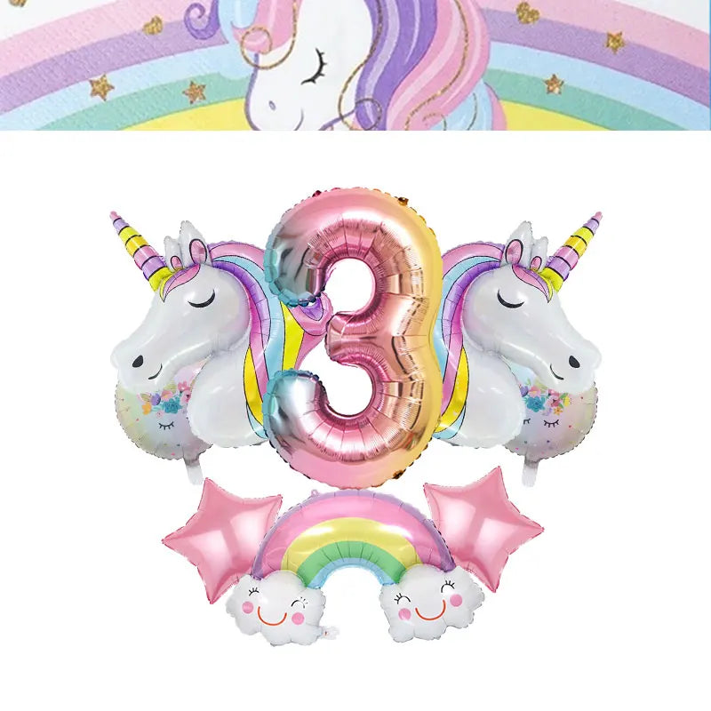 Pink and purple unicorn balloon number three with rainbow accents and a pink star decoration